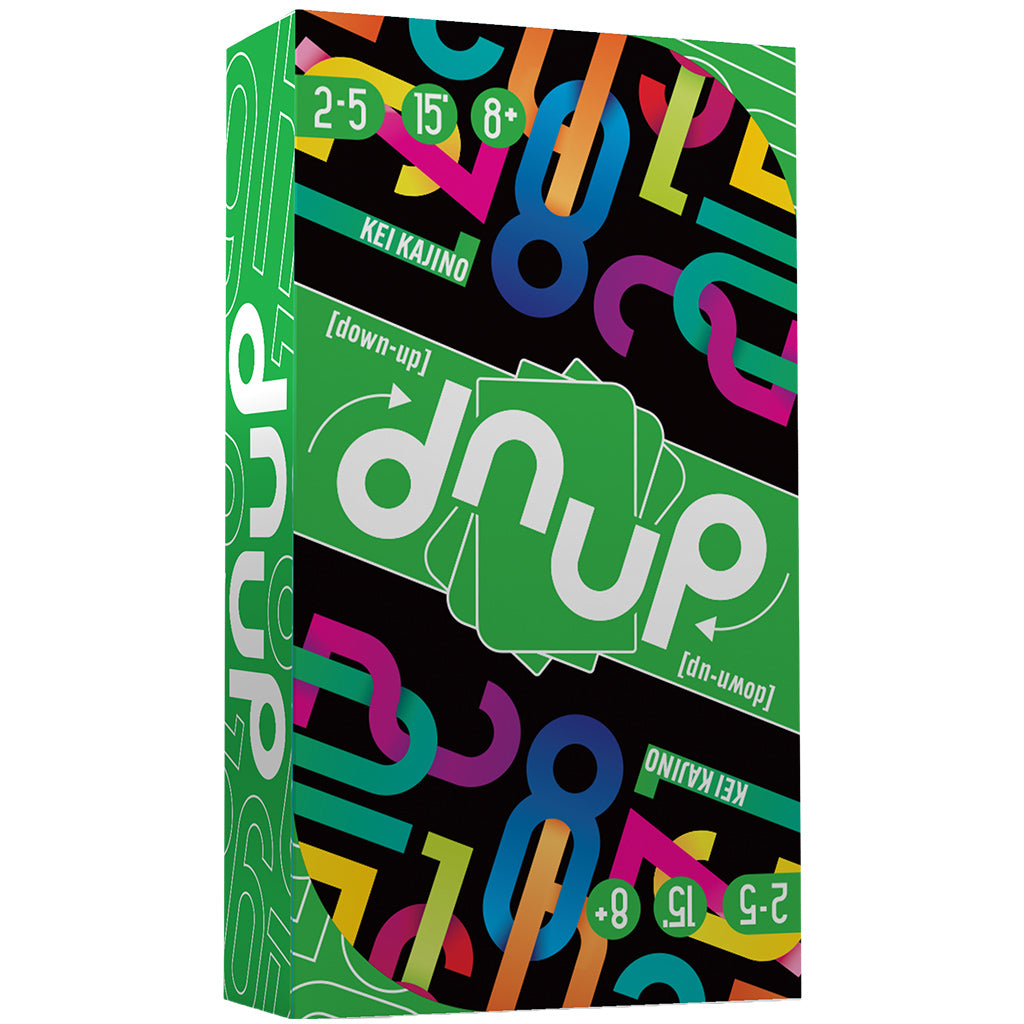 Green box of Dnup card game with colorful numbers and shapes on a black background.