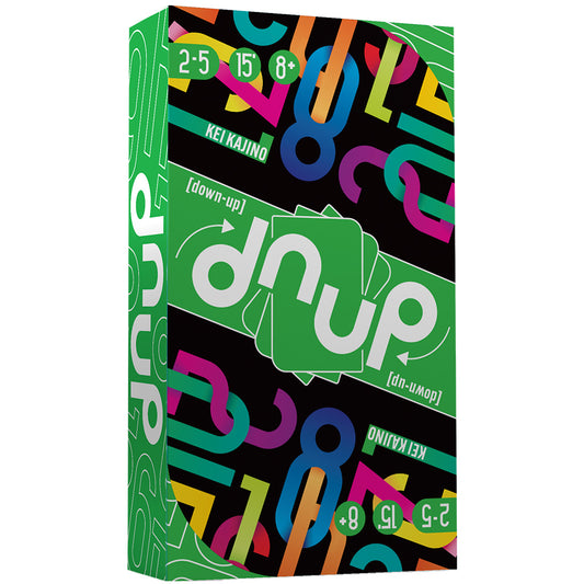 Green box of Dnup card game with colorful numbers and shapes on a black background.