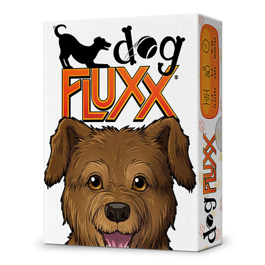 Dog Fluxx card game box featuring a colorful title, cartoon dog face, and a black dog silhouette above.