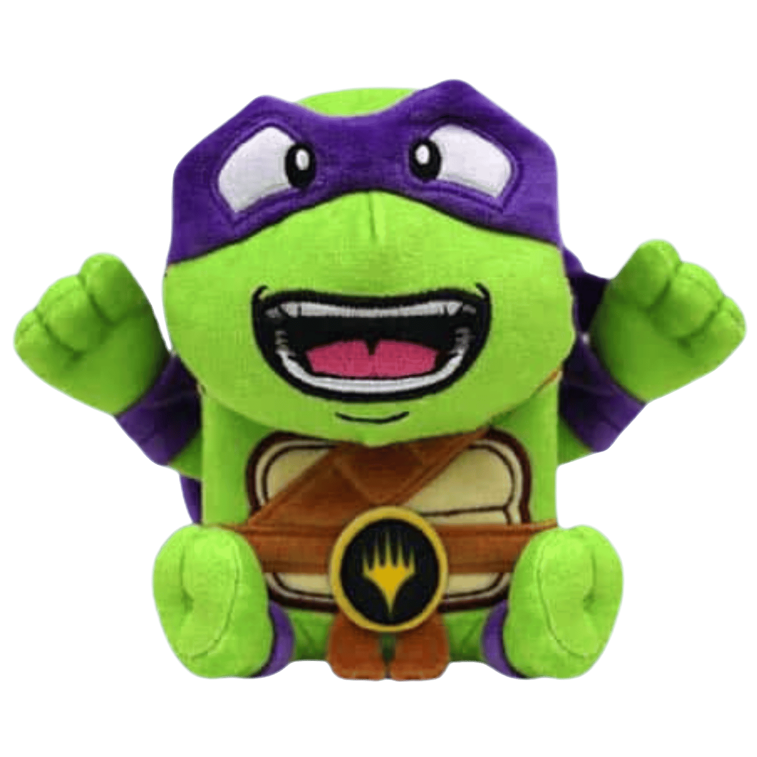 MTG ARTY Deck Box – Donatello variant held by a green plush turtle with a purple mask.