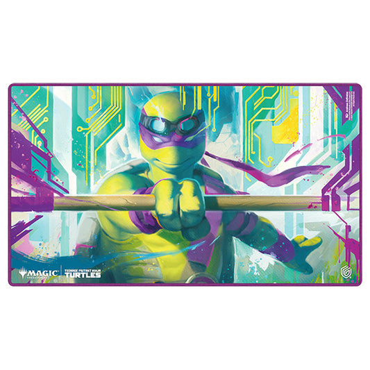 MTG Teenage Mutant Ninja Turtles playmat featuring Donatello with a bo staff and a colorful, futuristic background.