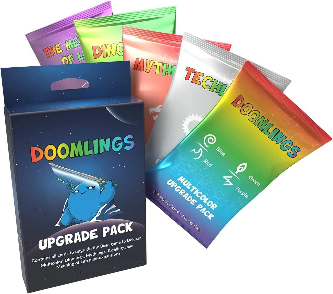 Doomlings Upgrade Pack with five expansions and unique Mythic and Technology cards in a blue box.