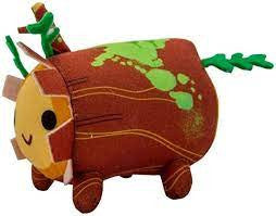 Catan Wood Sprite Plushie, brown log-shaped plush with Sprite face, green sprout, and leaf accents.