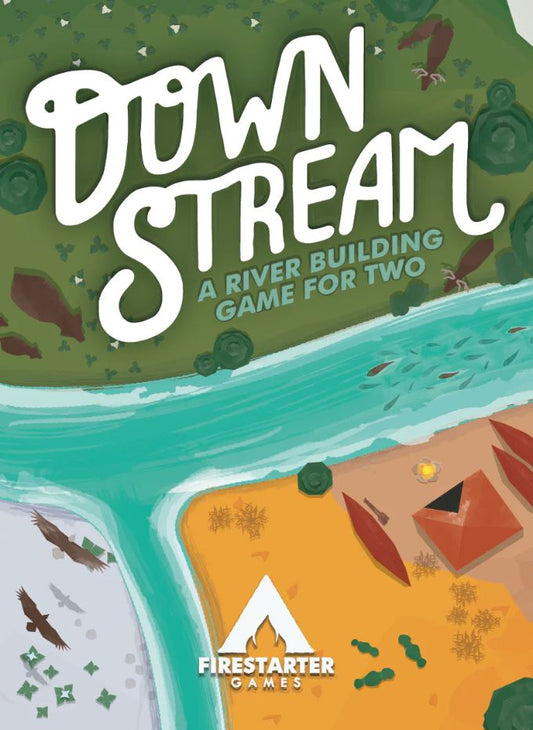 Downstream 2-player card game, illustrated cover with river, land, and trees; theme is building a river ecosystem.