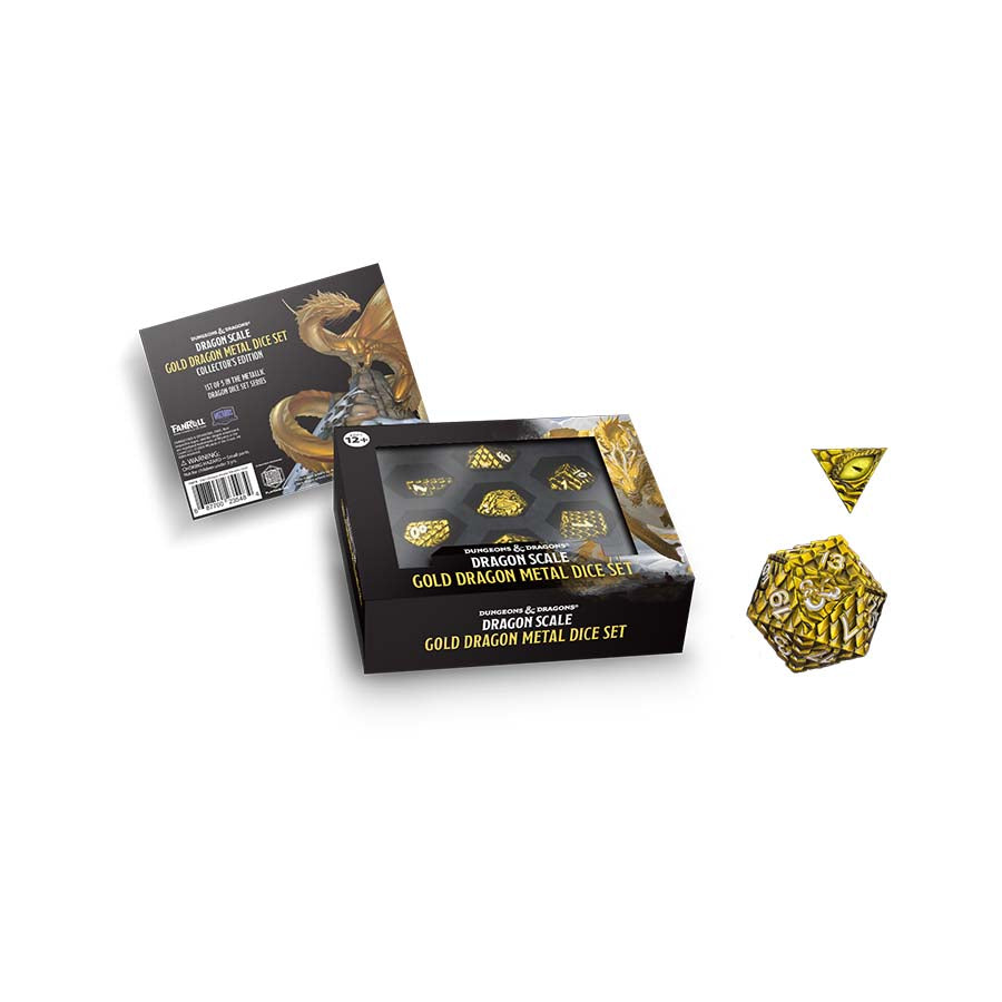 Fanroll Dragon Scale Metal Dice Set, gold, 7-piece, for Dungeons & Dragons, includes dragon-themed packaging.