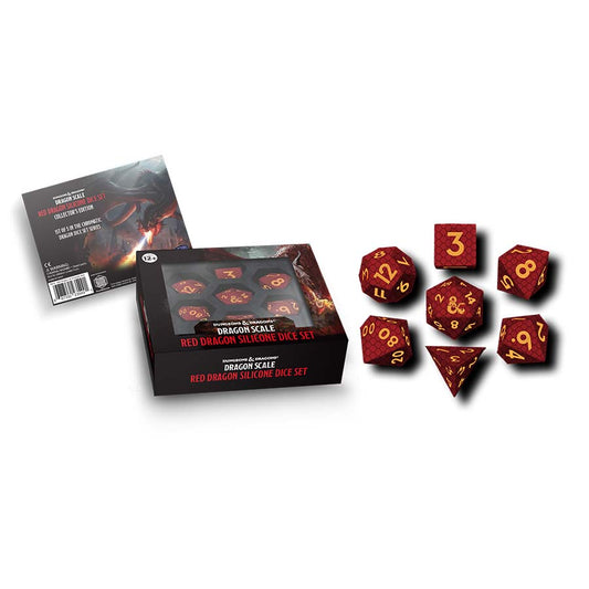 Red Dragon Scale Silicone Dice Set, 7 pieces, with collector’s card and packaging.