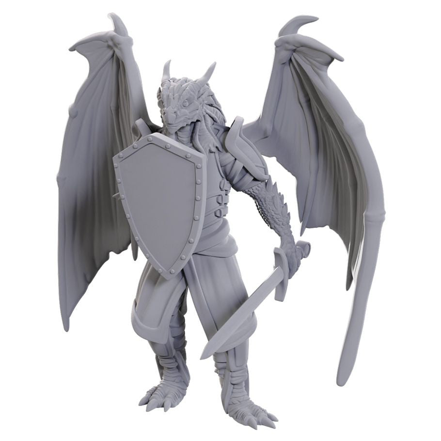 Nolzur’s Marvelous Miniatures Dragonborn of Bahamut—winged gray dragon humanoid with armor, shield, and sword.