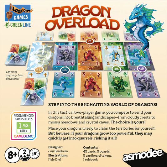 Dragon Overload board game with colorful dragon-themed pieces for family play.