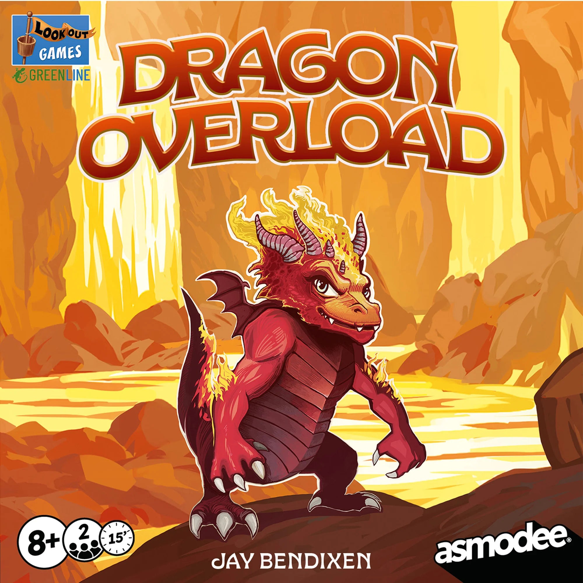 Dragon Overload fantasy card game by Jay Bendixen, logo above a cartoon dragon in a fiery canyon.