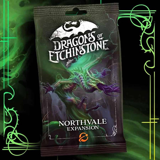 Dragons of Etchinstone: Northvale Expansion fantasy card pack with action cards and green dragon artwork on packaging.