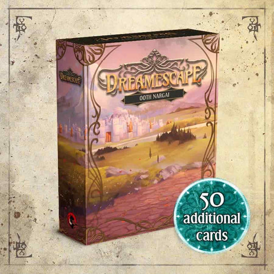 Dreamescape: Ooth Nargari Expansion board game box with sticker for 50 extra expansion cards.