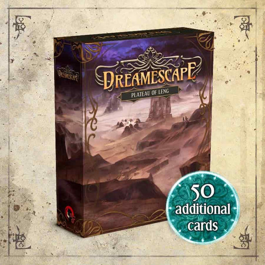 Dreamescape: Plateau of Leng Expansion box and 50 new cards highlighted in a teal circle.