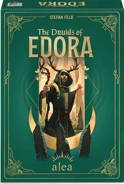 Druids of Edora board game box displaying a hooded druid with antlers in a forest.