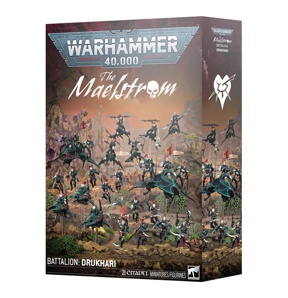 Warhammer 40,000 Drukhari: Maelstrom Battalion boxed set with Drukhari miniatures.
