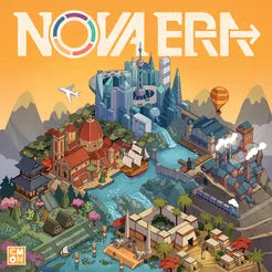 Nova Era civilization board game with illustrated cityscape, river, train, and plane on the box.