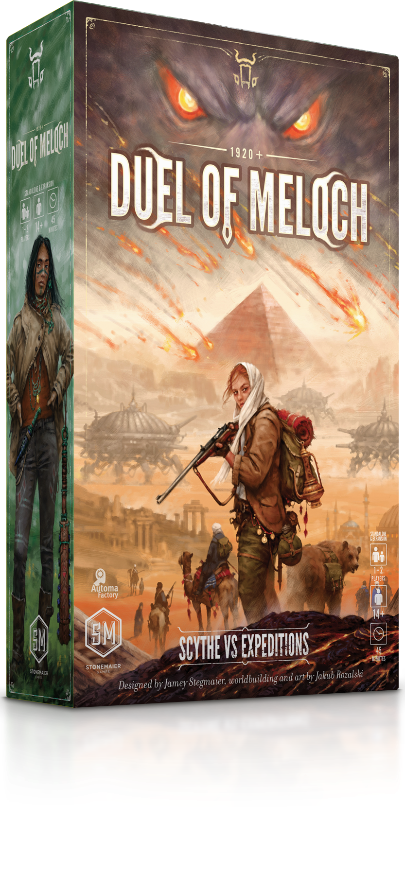 Duel of Meloch game box featuring warriors, camels, a pyramid, and stylized eyes on the cover.