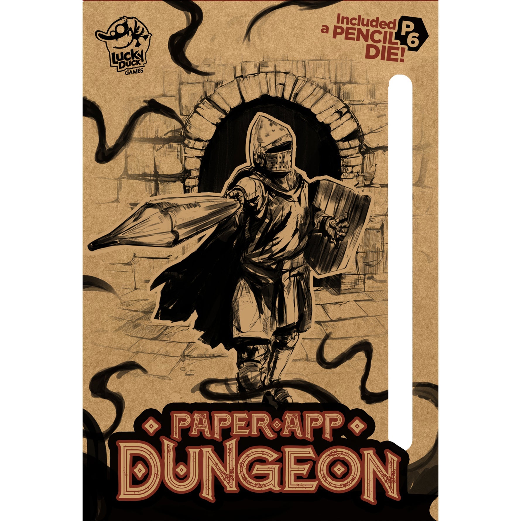 Paper App Dungeon game pad showing a dungeon map with the included pencil-die.