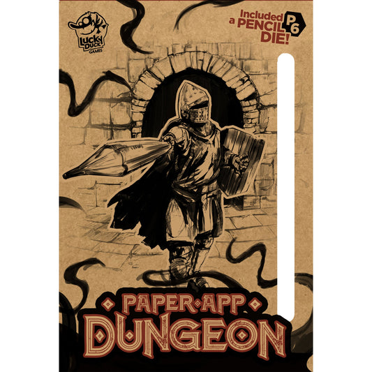 Paper App Dungeon game pad showing a dungeon map with the included pencil-die.