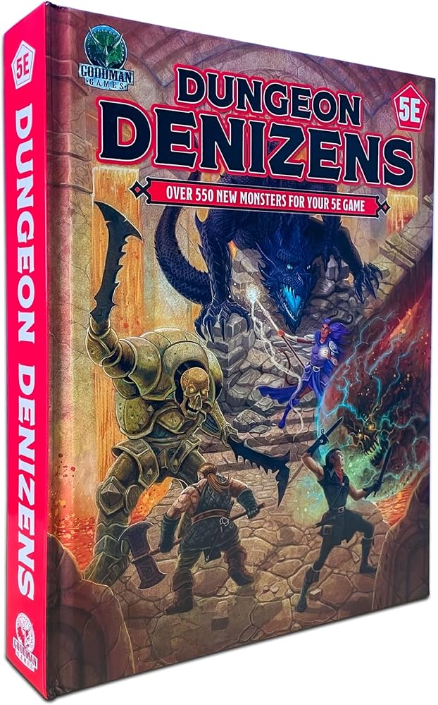 Dungeon Denizens 5E cover with adventurers, blue dragon, monsters; includes full 5E game stats.