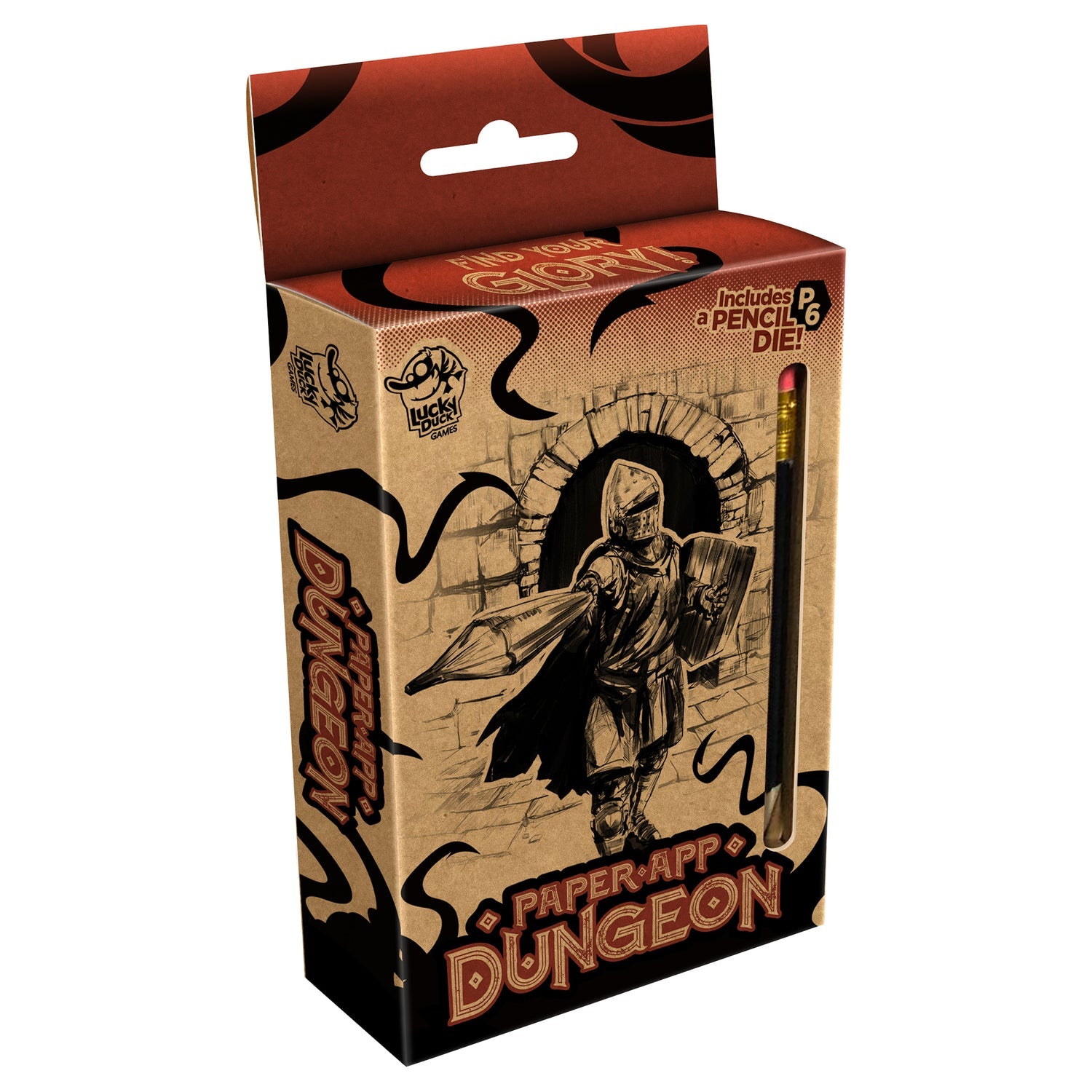 Paper App Dungeon front cover featuring an adventurer holding a pencil in a fantasy dungeon.