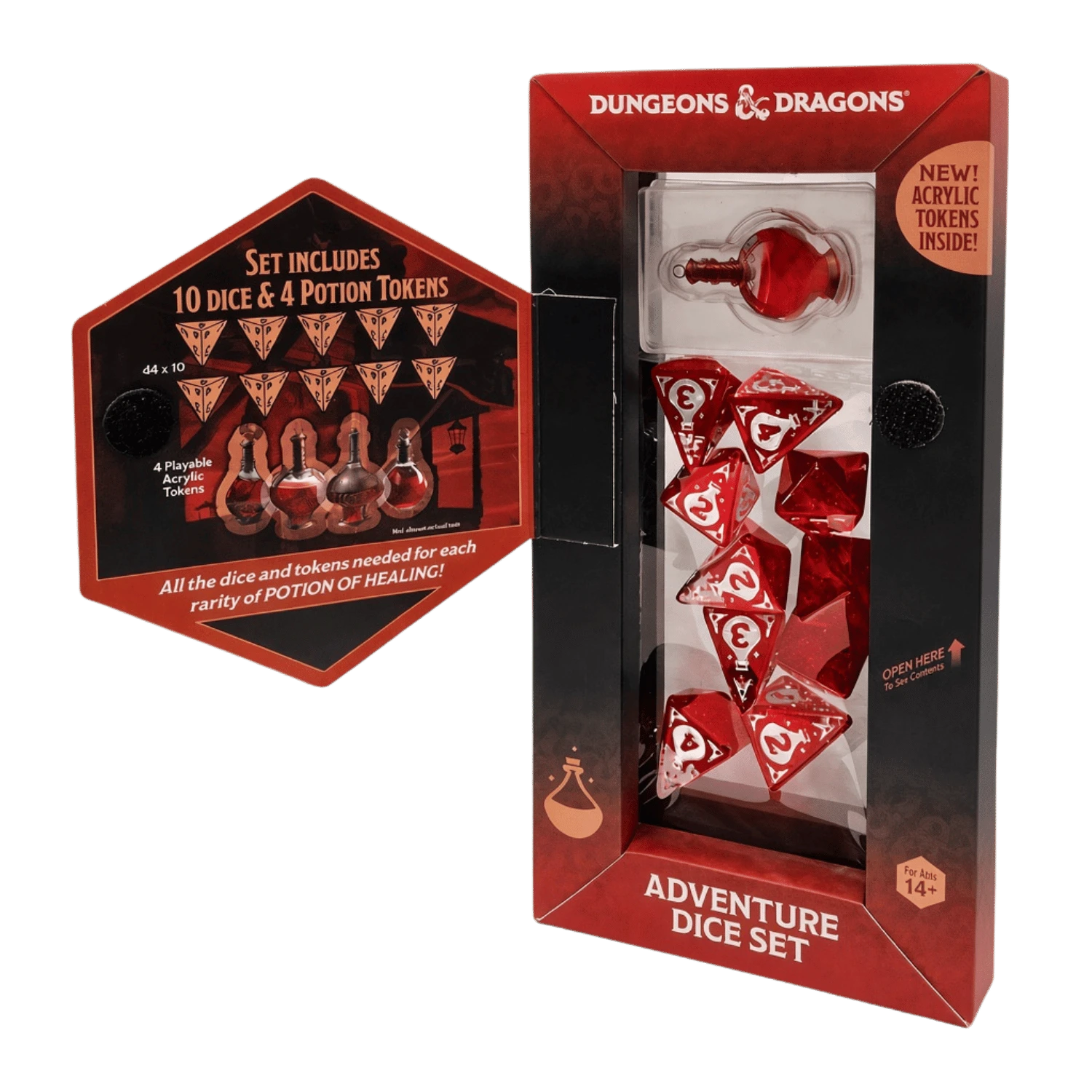 Dungeons & Dragons Adventure Dice Set - Potion of Healing with red dice and potion-shaped dice in a display box.