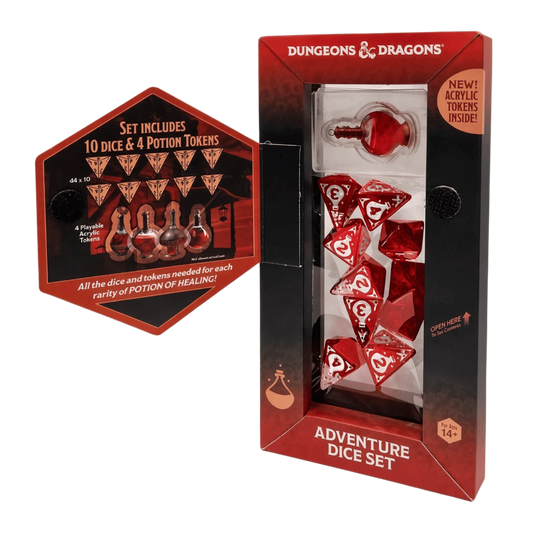 Dungeons & Dragons Adventure Dice Set - Potion of Healing with red dice and potion-shaped dice in a display box.