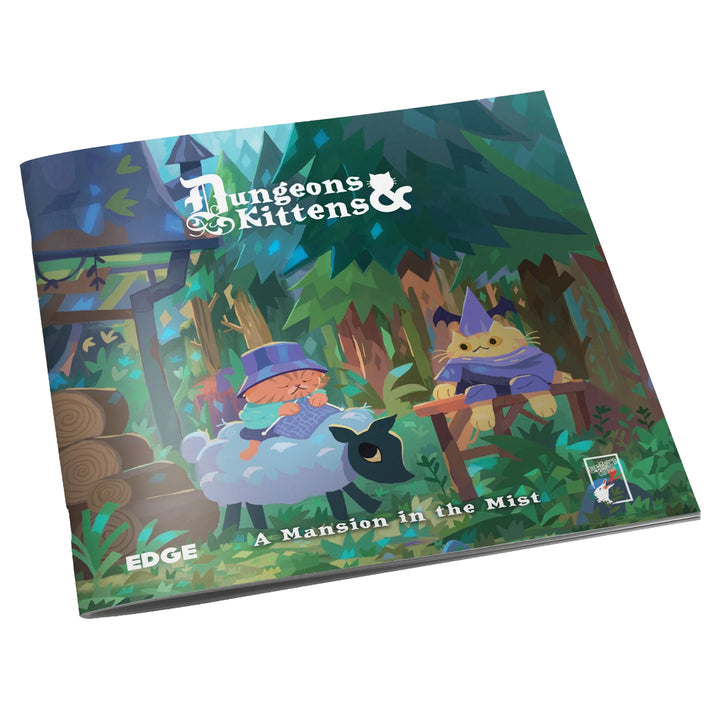 Front cover of Dungeons & Kittens Storyteller's Kit showing kitten adventurers in a wooded landscape beside a house.