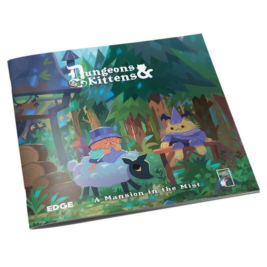 Front cover of Dungeons & Kittens Storyteller's Kit showing kitten adventurers in a wooded landscape beside a house.