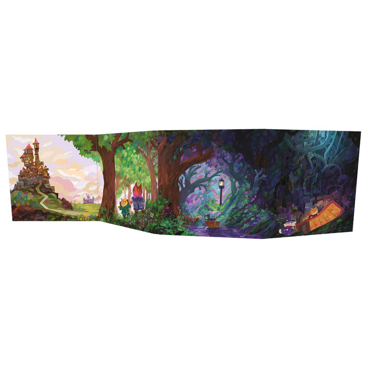 Rear view of the Dungeons & Kittens Storyteller's Kit screen showing a castle, kitten adventurers in the woods, and a dark path.
