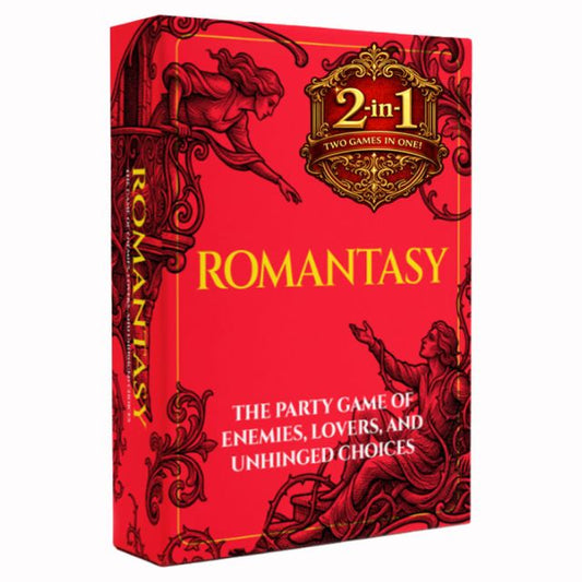Romantasy game box in red with “2-in-1” text for lovers and enemies options.