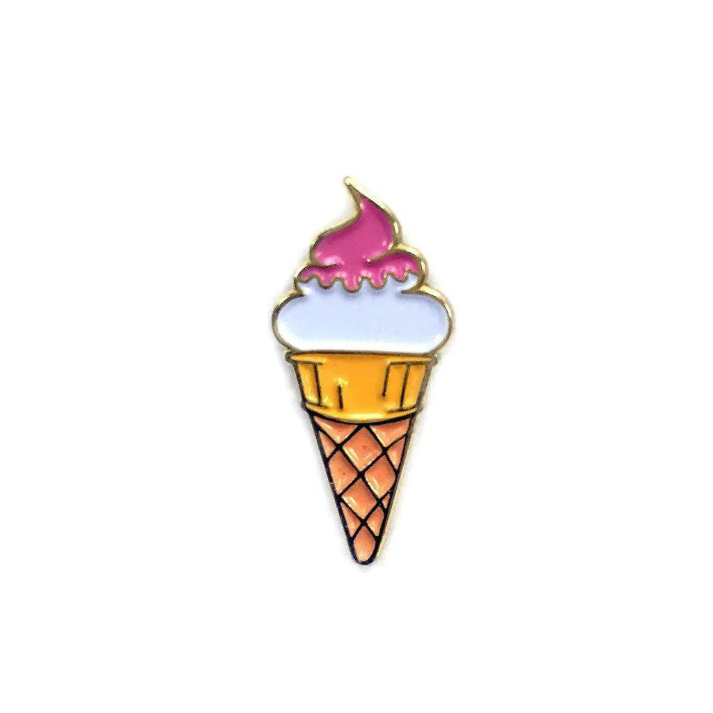Kolorspun Pins Ice Cream Cone Enamel Pin, Strawberry variant; pink swirl with matte gold cone on white background.