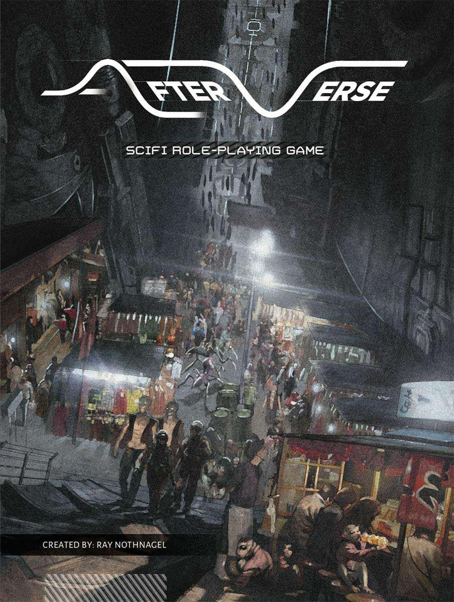 The Afterverse Core Sourcebook cover featuring a futuristic city market with neon lights at night.