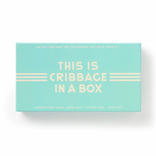Cribbage in A Box Cribbage Game Set in a teal box with cream text, includes a classic cribbage set.