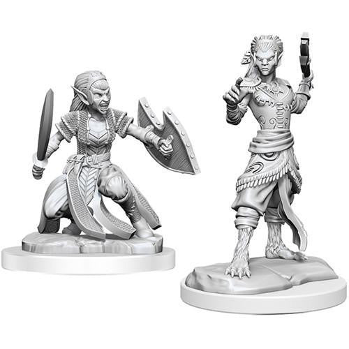 D&D Nolzurs W20 Shifter Fighter set with 2 unpainted minis: elf warrior and lion-like humanoid with staff.