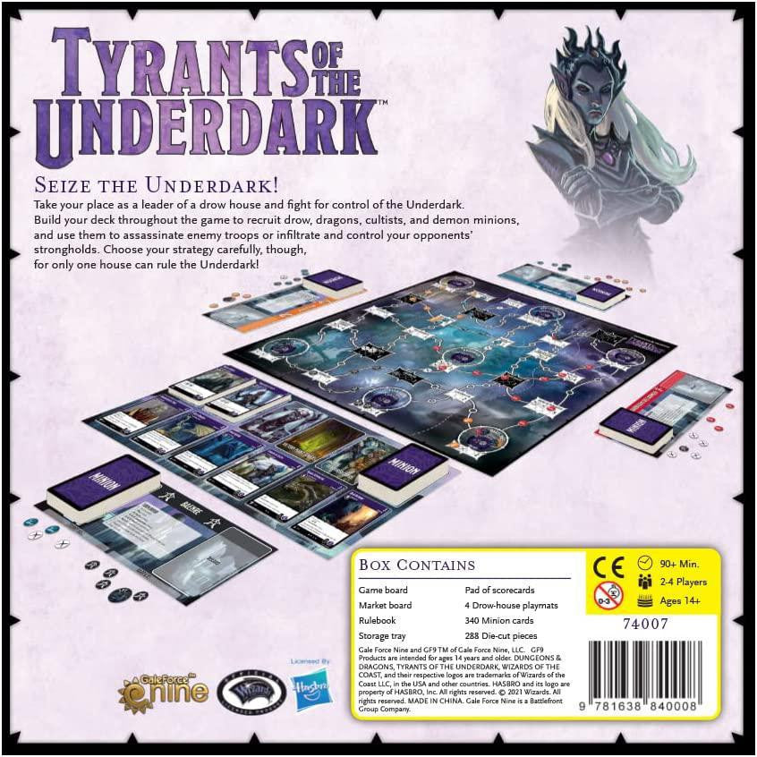 Tyrants of the Underdark board game with cards, tokens, and a dark elf illustration in the top right corner.