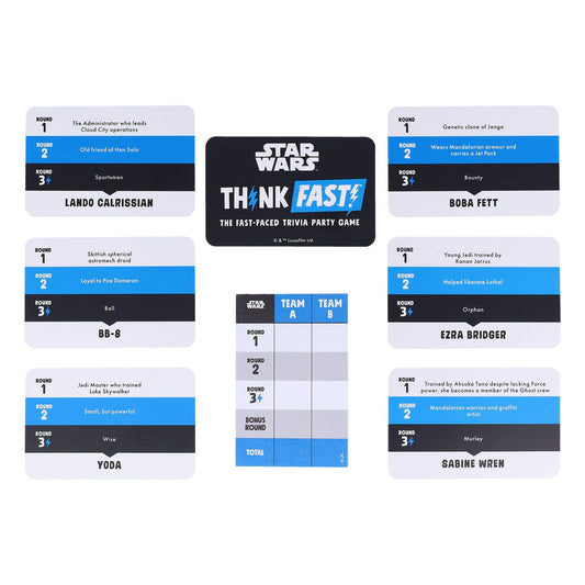 Star Wars Think Fast trivia game with 6 character cards, rules card, and team score sheet.