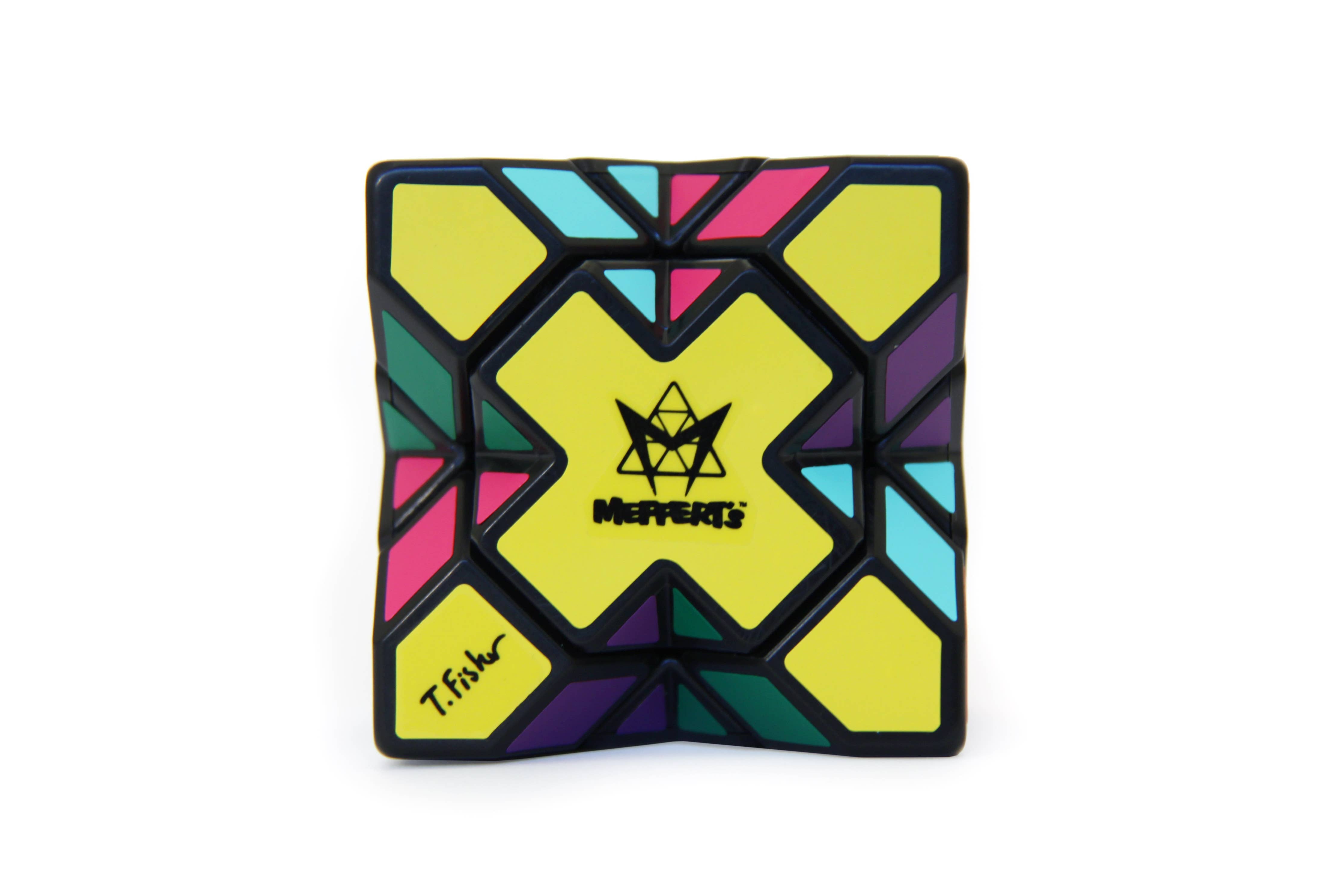 Mefferts Skewb Xtreme twisty puzzle with yellow, teal, purple, and pink patterns and a center logo.