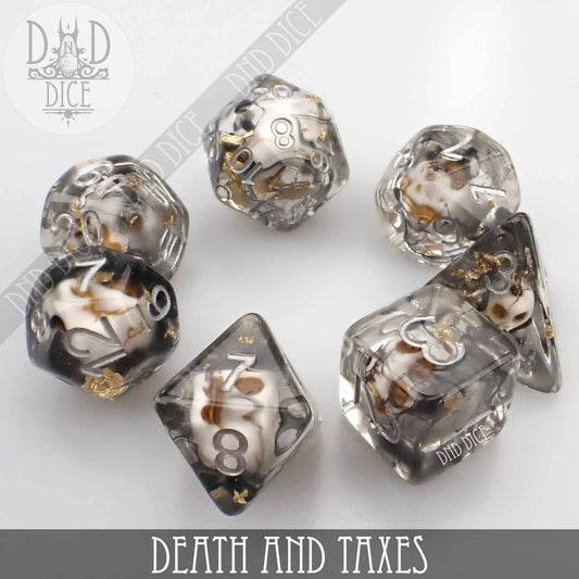 Death and Taxes 7-dice set of black and clear resin polyhedral dice with skull designs by DnD Dice.