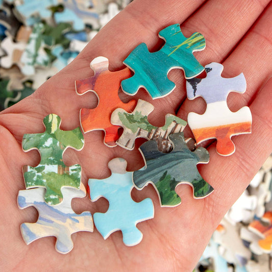 Hand holding pieces from the National Parks - 1,000 Piece Jigsaw Puzzle showing trees, sky, and a sunset.
