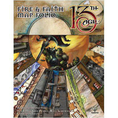 13th Age: Fire & Faith Map Folio, cover features an orc warrior with axe above detailed RPG battle maps.