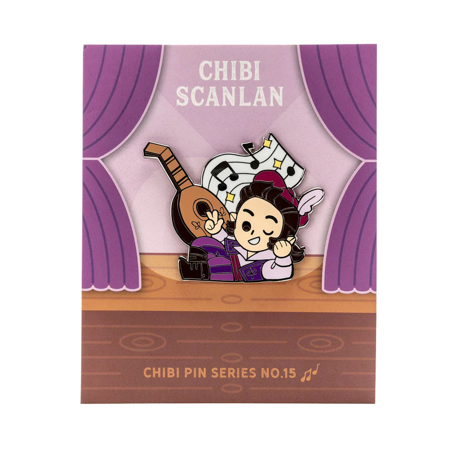 Chibi Scanlan Shorthalt enamel pin depicting him waving on stage with a guitar.