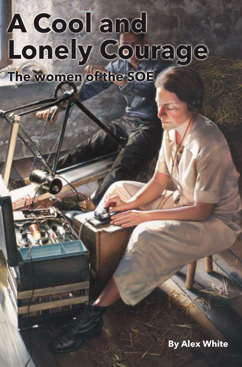 Woman in SOE attire from A Cool and Lonely Courage uses radio gear; second SOE agent blurred in background.