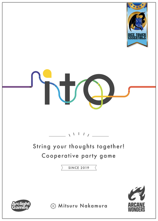 Ito game box with colorful lines, secret number card, and publisher logos. Cooperative party game.