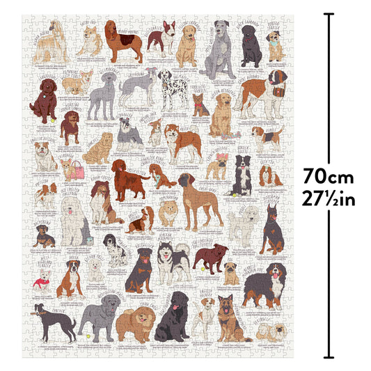 Dog Lovers 1000 Piece Jigsaw Puzzle showing illustrated dog breeds with labels, puzzle height 70cm next to ruler.