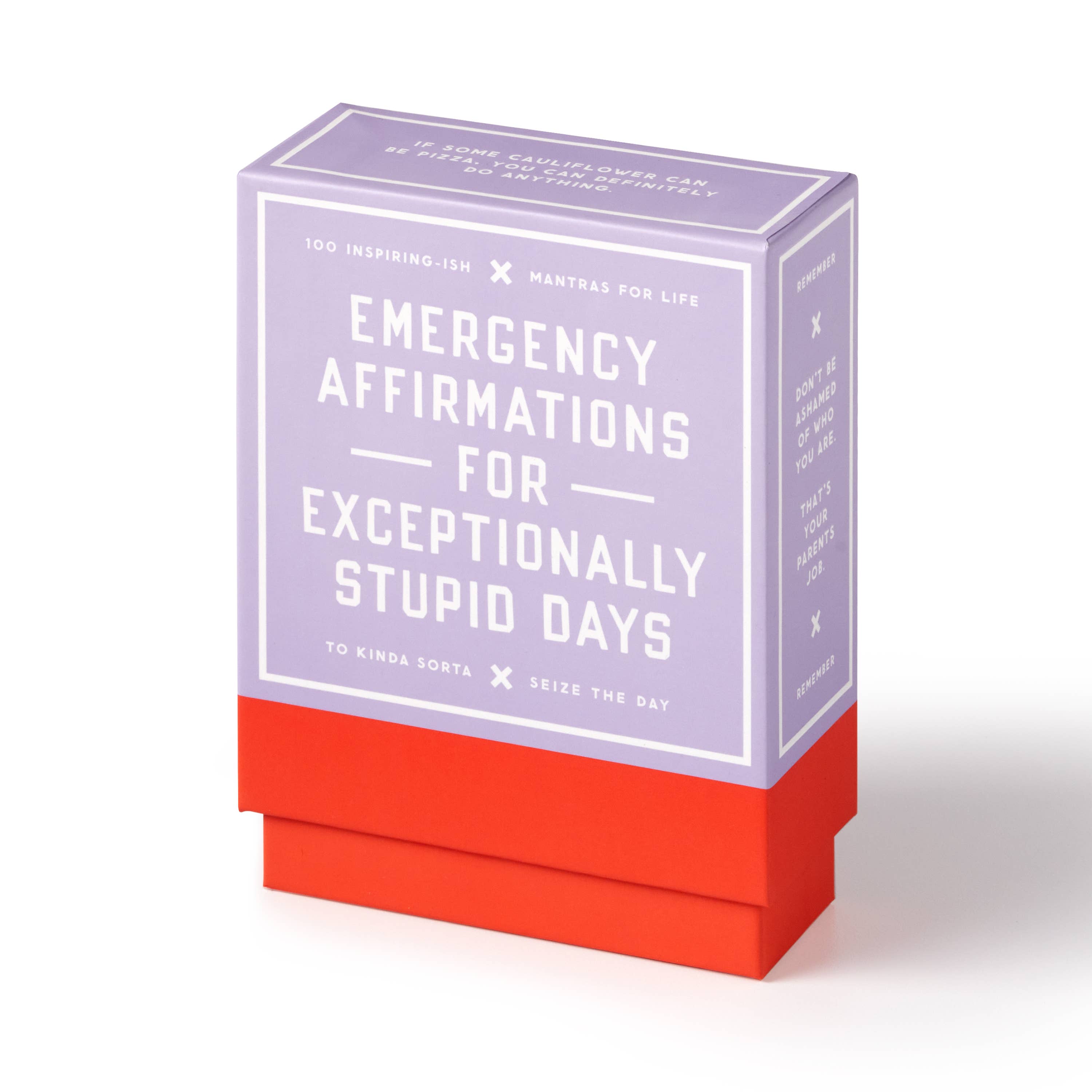 Brass Monkey Emergency Affirmations Exceptionally Stupid Days card deck with purple lid and red base.