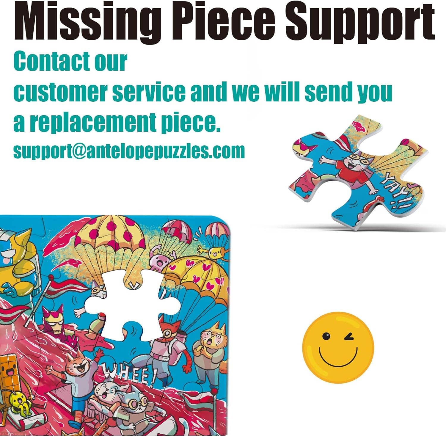 Catndyland 1000 Piece Jigsaw Puzzle box with missing piece notice, cartoon cats, contact info, and yellow smiley face.