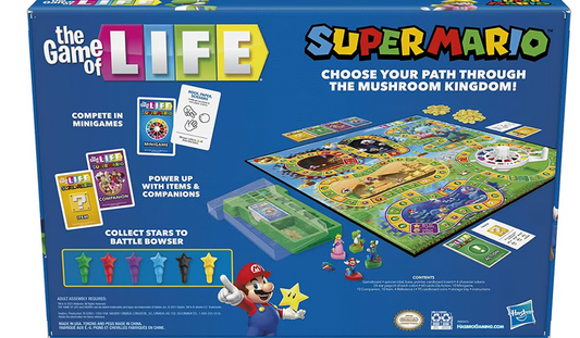 The Game of Life Super Mario edition with board, cards, Mario figure, and Mushroom Kingdom stars shown on box.
