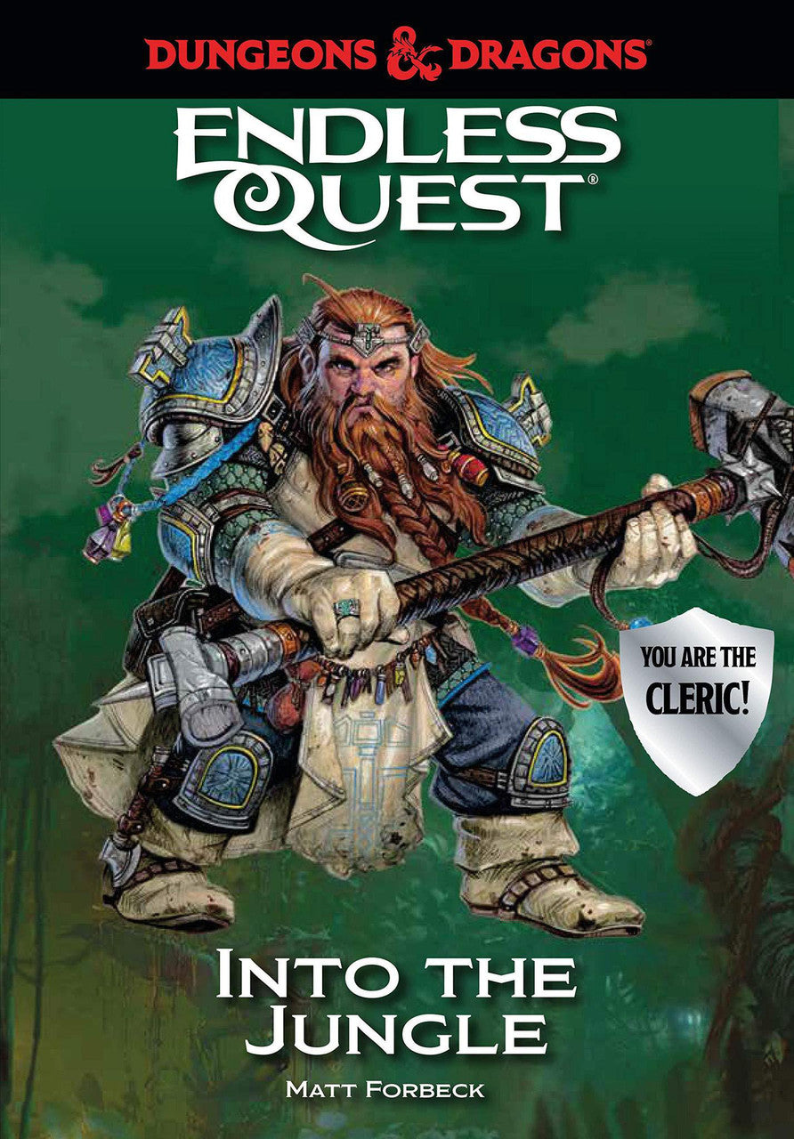 Dungeons & Dragons: Into the Jungle cover featuring a dwarf cleric in armor with an axe, set in Forgotten Realms.