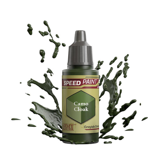 Army Painter Speedpaint Camo Cloak bottle with vivid green paint for miniatures.