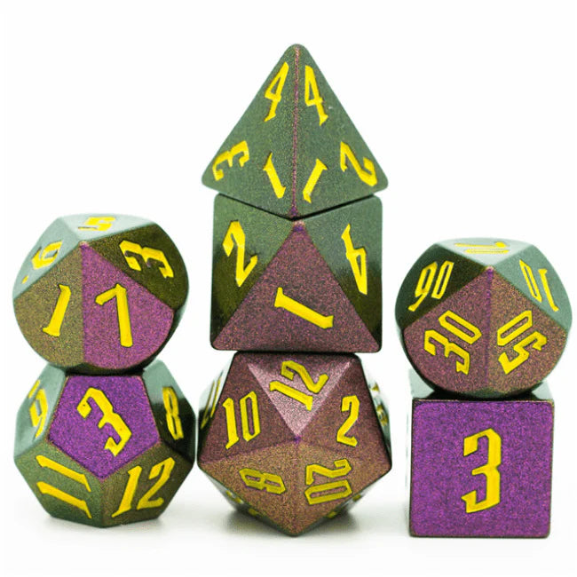 Jumbo Color Shifting Dice Set in rose red, green, and gold with yellow numbers on a white background.
